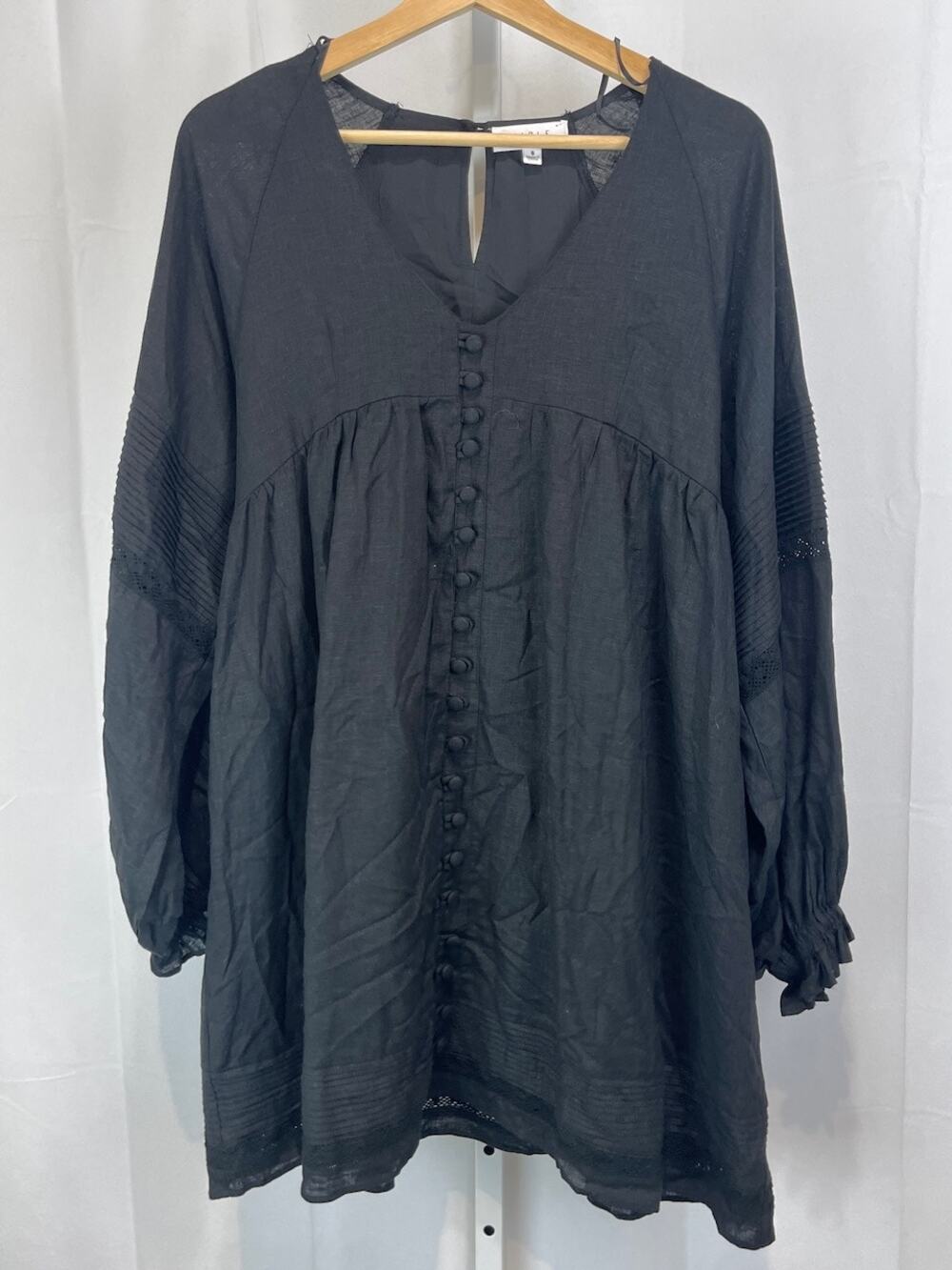 MABLE Linen Blend Long Sleeve Babydoll Tunic Mini Dress V Neck Button Black S